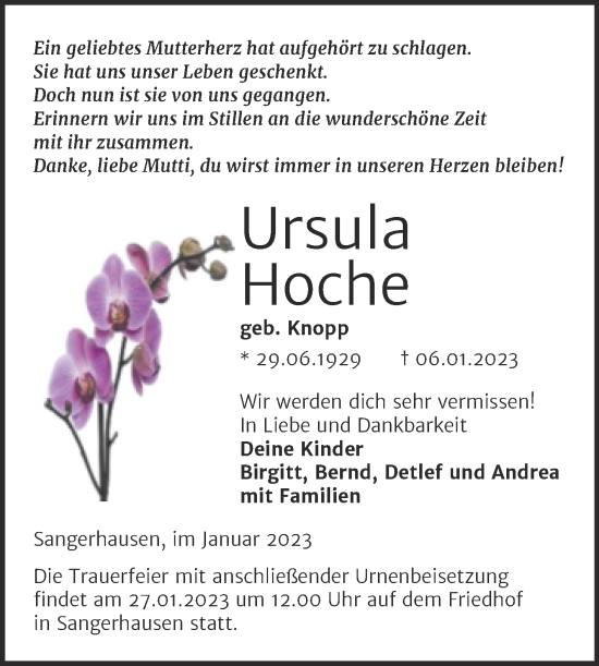 Traueranzeige von Ursula Hoche von Trauerkombi Sangerhausen