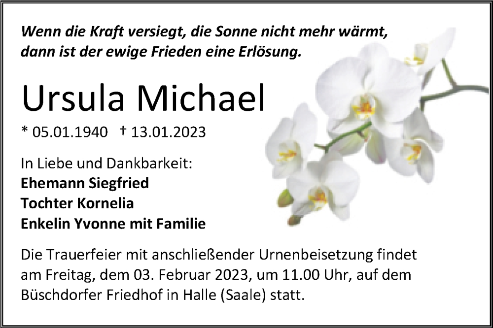  Traueranzeige für Ursula Michael vom 21.01.2023 aus Mitteldeutsche Zeitung Halle/Saalkreis