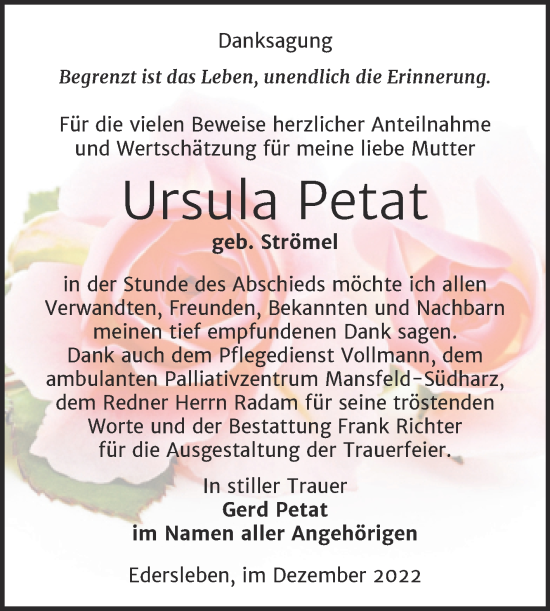 Traueranzeige von Ursula Petat von Trauerkombi Sangerhausen