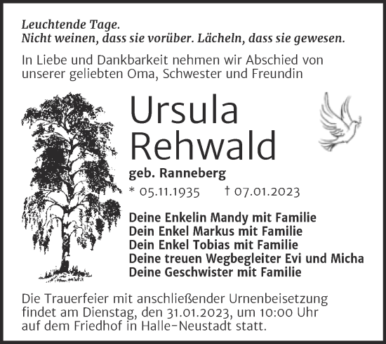 Traueranzeige von Ursula Rehwald von Mitteldeutsche Zeitung Halle/Saalkreis