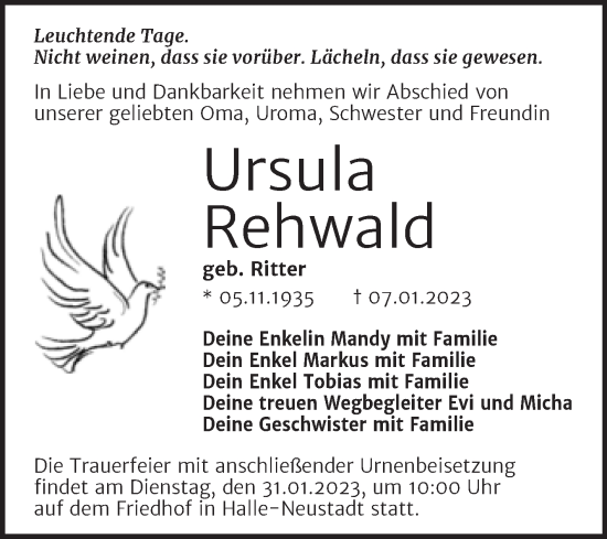 Traueranzeige von Ursula Rehwald von Super Sonntag Merseburg/Querfurt