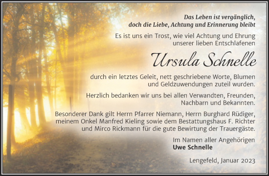 Traueranzeige von Ursula Schnelle von Trauerkombi Sangerhausen