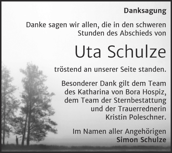 Traueranzeige von Uta Schulze von Trauerkombi Wittenberg