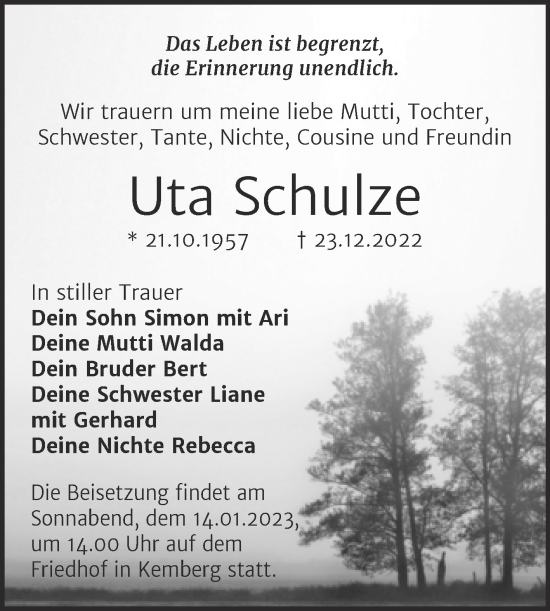 Traueranzeige von Uta Schulze von Trauerkombi Wittenberg