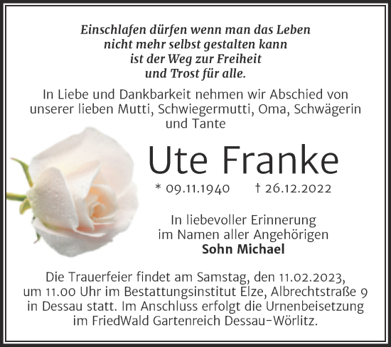Traueranzeige von Ute Franke von Trauerkombi Dessau