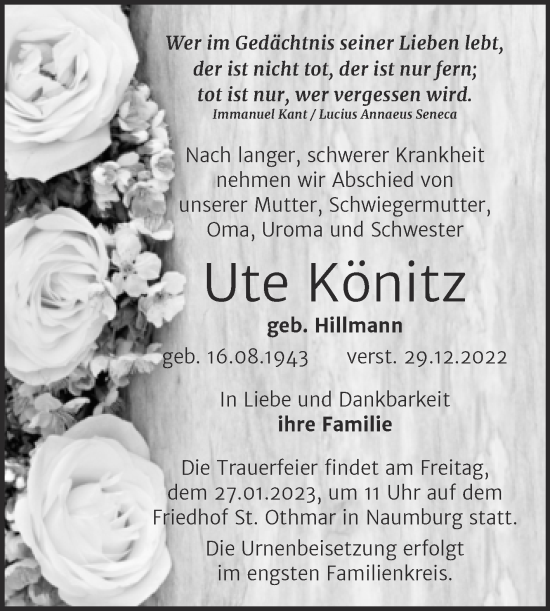 Traueranzeige von Ute Könitz von Wochenspiegel Naumburg/Nebra
