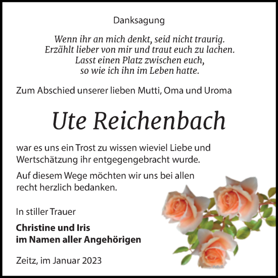 Traueranzeige von Ute Reichenbach von Trauerkombi Zeitz