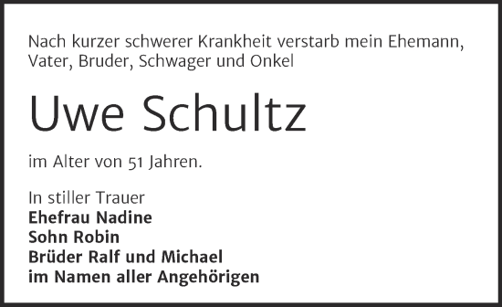 Traueranzeige von Uwe Schultz von Trauerkombi Bernburg