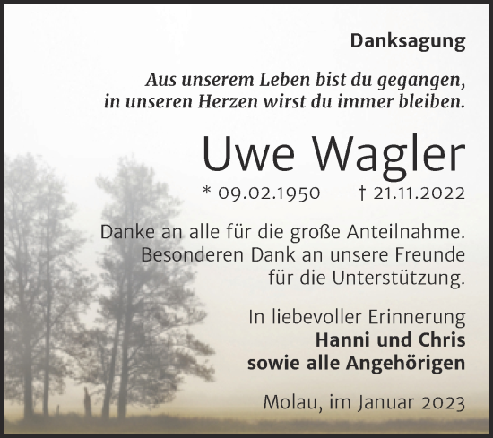 Traueranzeige von Uwe Wagler von Wochenspiegel Naumburg/Nebra