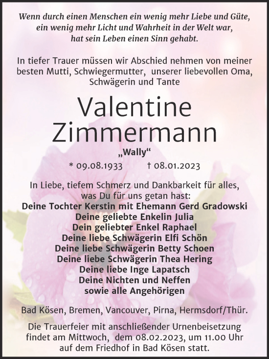 Traueranzeige von Valentine Zimmermann von Wochenspiegel Naumburg/Nebra