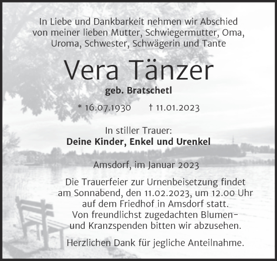 Traueranzeige von Vera Tänzer von Trauerkombi Mansfelder Land