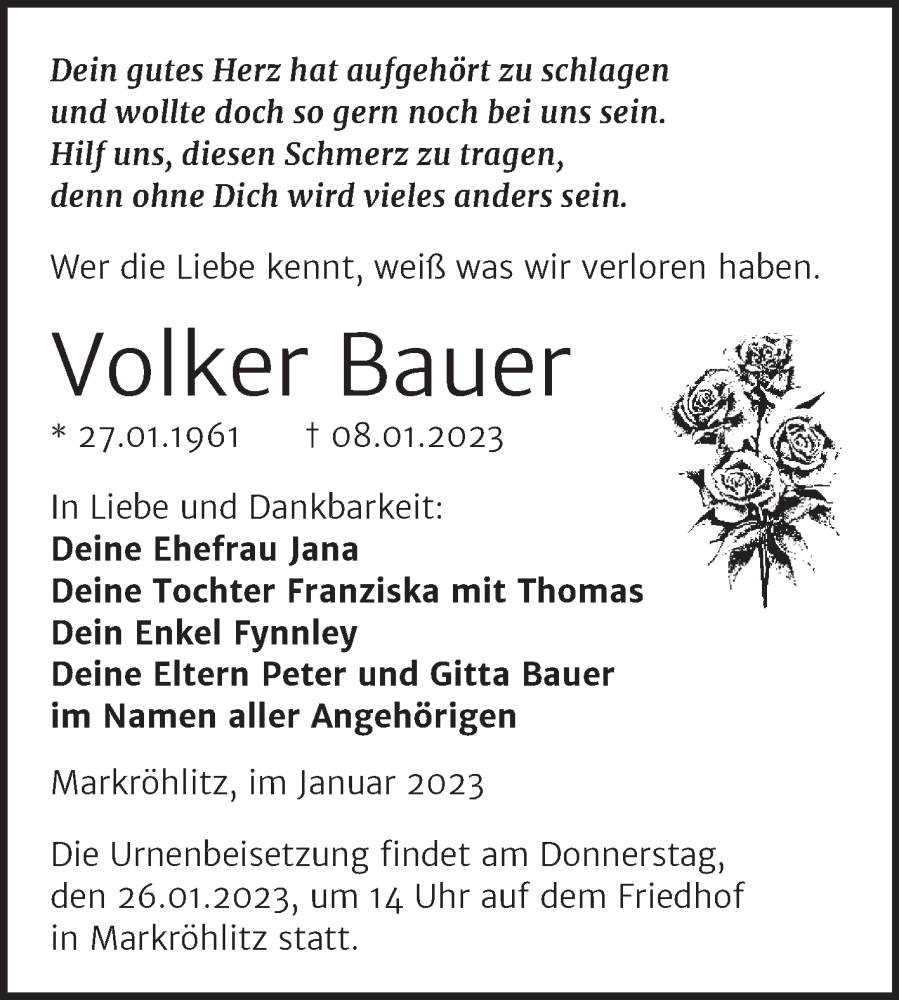  Traueranzeige für Volker Bauer vom 14.01.2023 aus Trauerkombi Weißenfels