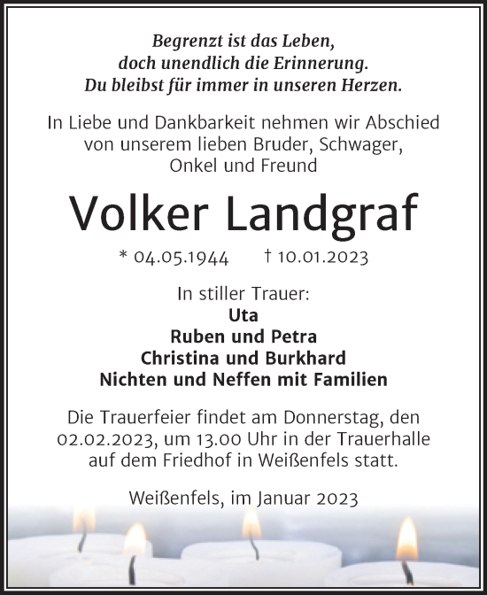 Traueranzeige von Volker Landgraf von Trauerkombi Weißenfels
