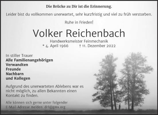 Traueranzeige von Volker Reichenbach von Mitteldeutsche Zeitung Halle/Saalkreis
