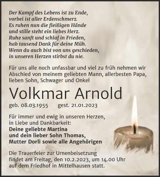 Traueranzeige von Volkmar Arnold von Trauerkombi Sangerhausen