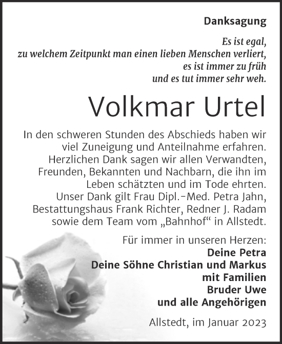 Traueranzeige von Volkmar Urtel von Trauerkombi Sangerhausen