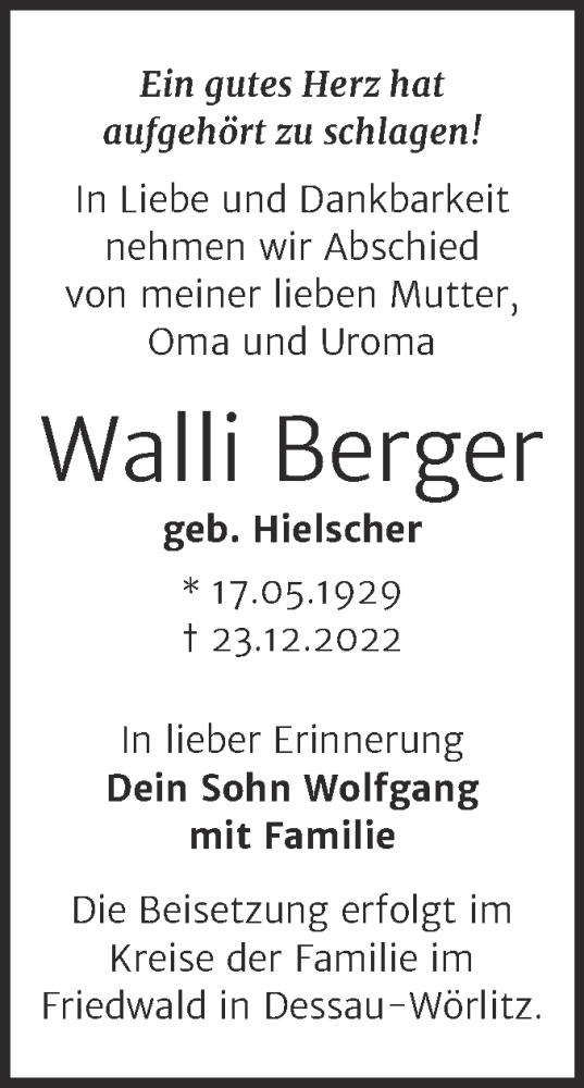 Traueranzeige von Walli Berger von Mitteldeutsche Zeitung Dessau-Roßlau