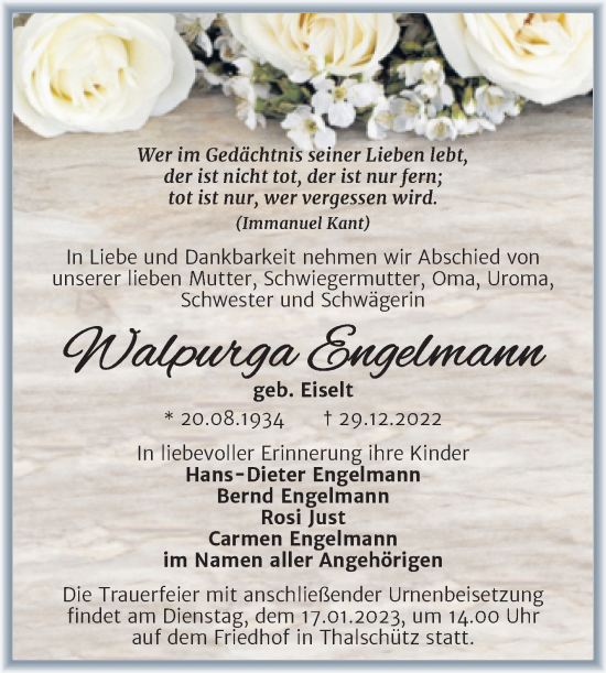 Traueranzeige von Walpurga Engelmann von Trauerkombi Merseburg