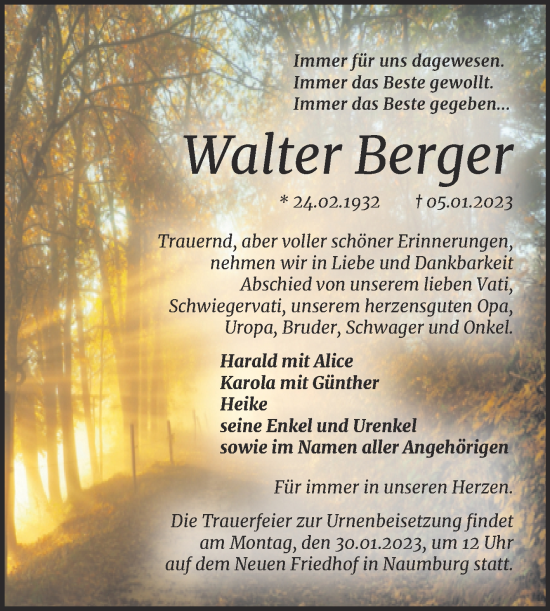 Traueranzeige von Walter Berger von Wochenspiegel Naumburg/Nebra
