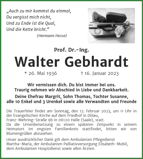 Traueranzeige von Walter Gebhardt von Mitteldeutsche Zeitung Halle/Saalkreis
