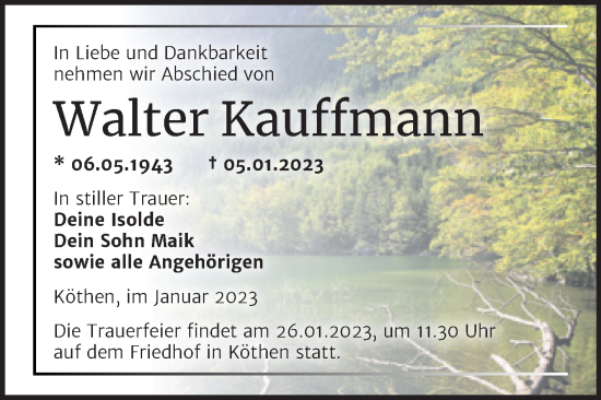 Traueranzeige von Walter Kauffmann von Trauerkombi Köthen