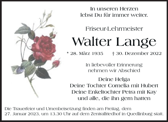 Traueranzeige von Walter Lange von Trauerkombi Quedlinburg