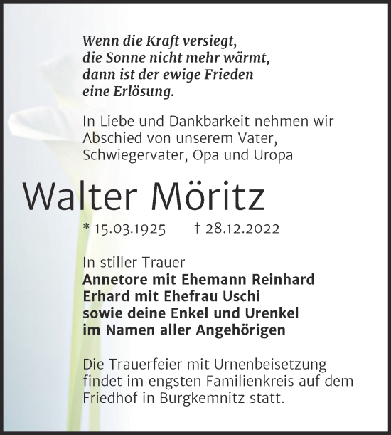 Traueranzeige von Walter Möritz von Trauerkombi Bitterfeld