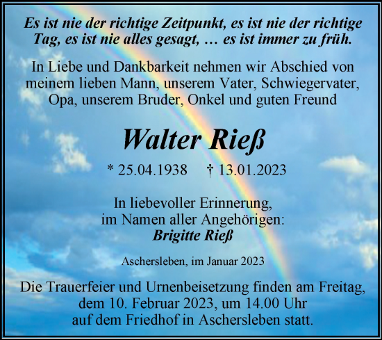 Traueranzeige von Walter Rieß von Trauerkombi Aschersleben