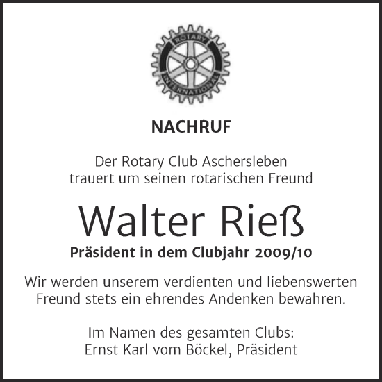 Traueranzeige von Walter Rieß von Super Sonntag Aschersleben