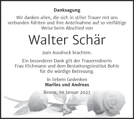 Traueranzeige von Walter Schär von Trauerkombi Merseburg