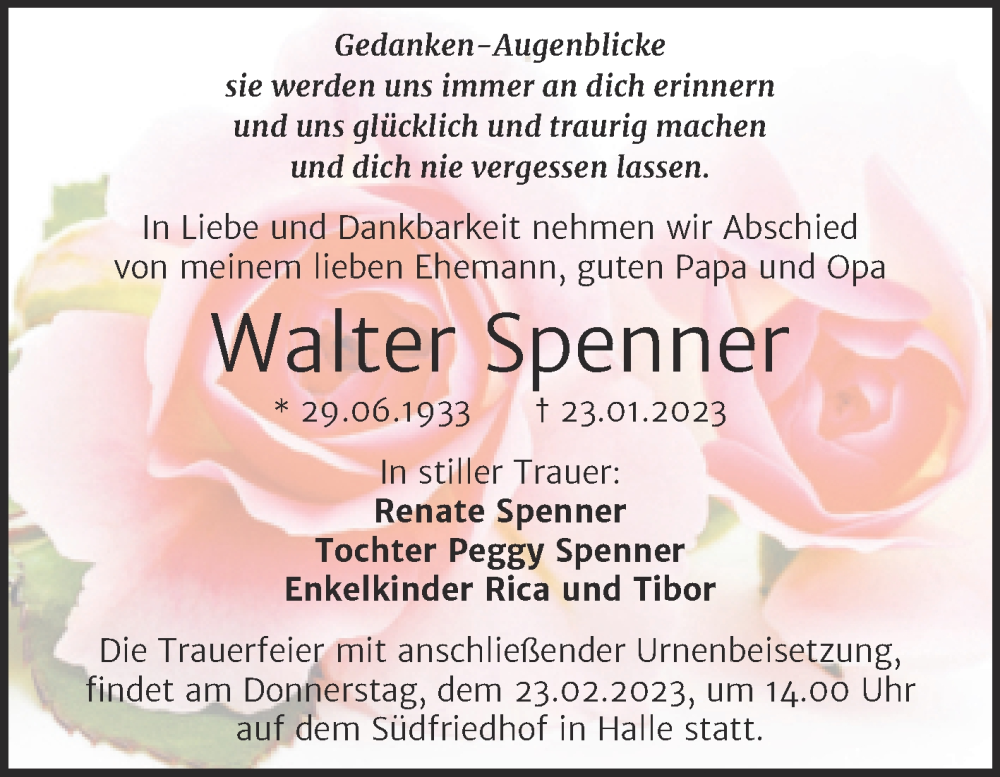  Traueranzeige für Walter Spenner vom 28.01.2023 aus Mitteldeutsche Zeitung Halle/Saalkreis