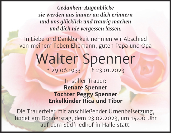 Traueranzeige von Walter Spenner von Mitteldeutsche Zeitung Halle/Saalkreis