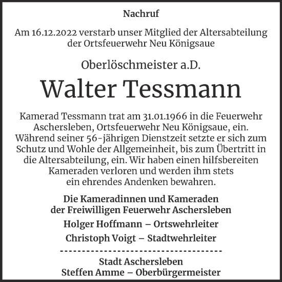 Traueranzeige von Walter Tessmann von Wochenspiegel Aschersleben