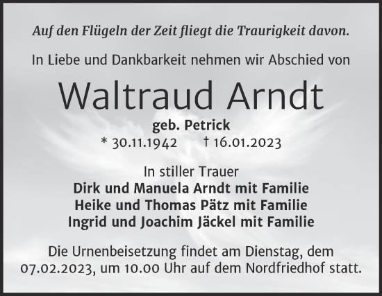 Traueranzeige von Waltraud Arndt von Mitteldeutsche Zeitung Halle/Saalkreis