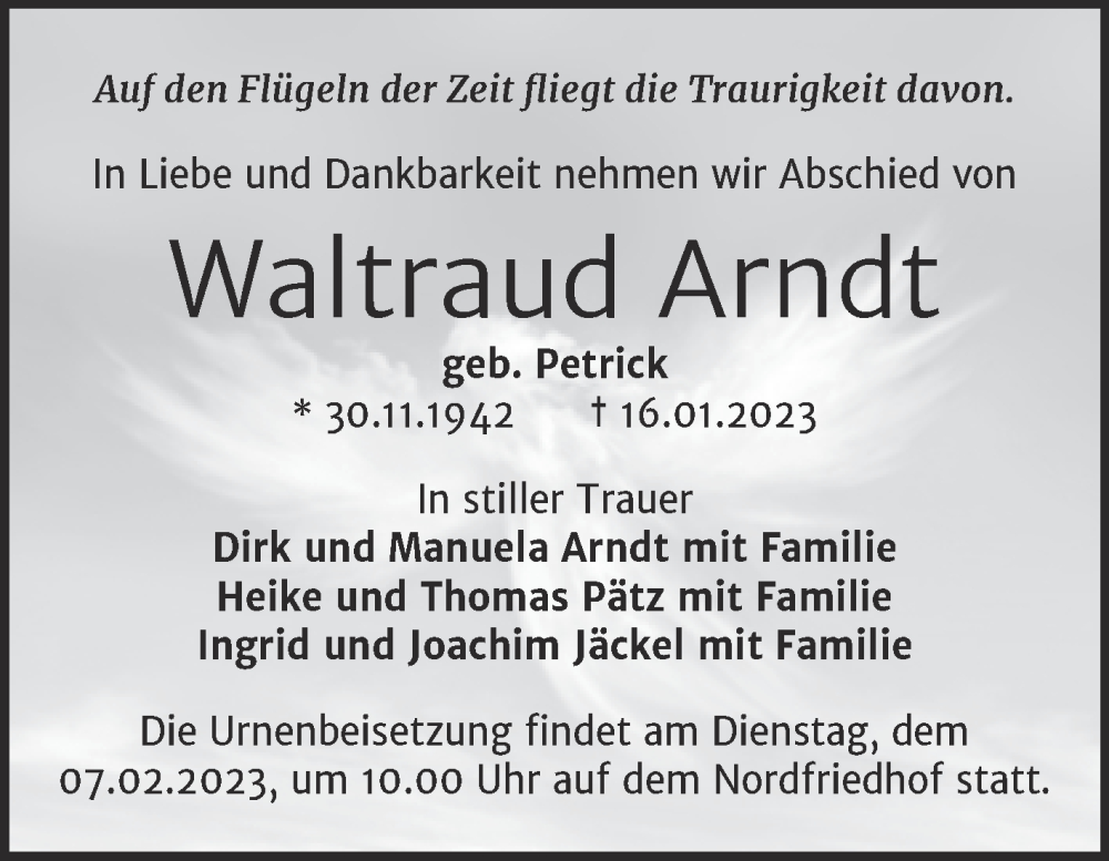  Traueranzeige für Waltraud Arndt vom 28.01.2023 aus Mitteldeutsche Zeitung Halle/Saalkreis