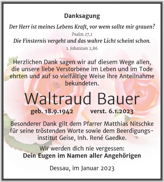 Traueranzeige von Waltraud Bauer von Trauerkombi Dessau