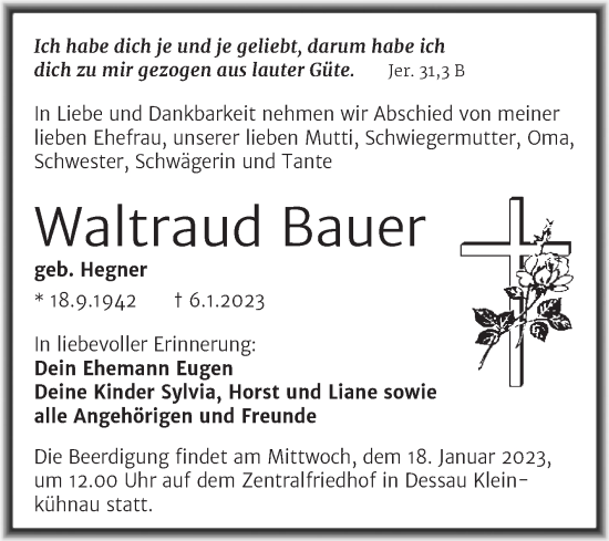Traueranzeige von Waltraud Bauer von Trauerkombi Dessau