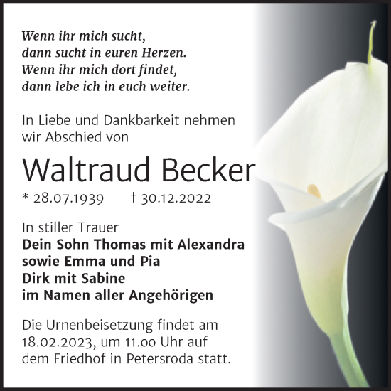 Traueranzeige von Waltraud Becker von Trauerkombi Bitterfeld