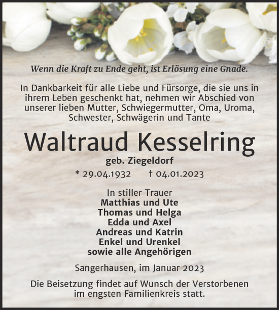Traueranzeige von Waltraud Kesselring von Trauerkombi Sangerhausen