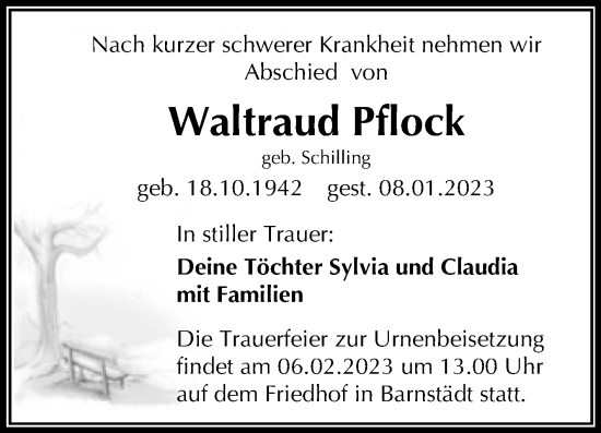 Traueranzeige von Waltraud Pflock von Trauerkombi Merseburg