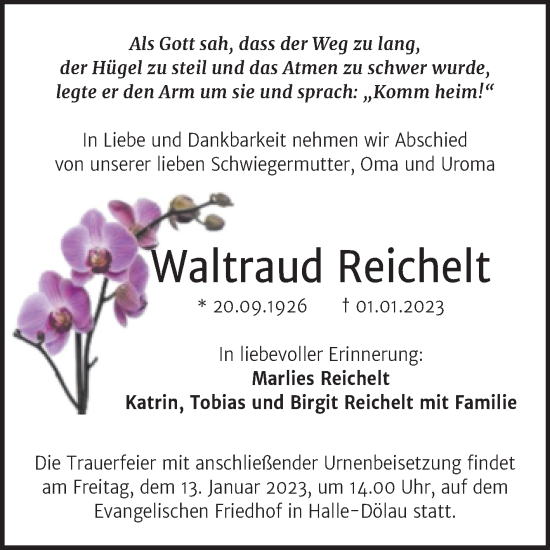 Traueranzeige von Waltraud Reichelt von Mitteldeutsche Zeitung Halle/Saalkreis