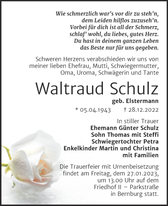 Traueranzeige von Waltraud Schulz von Trauerkombi Bernburg