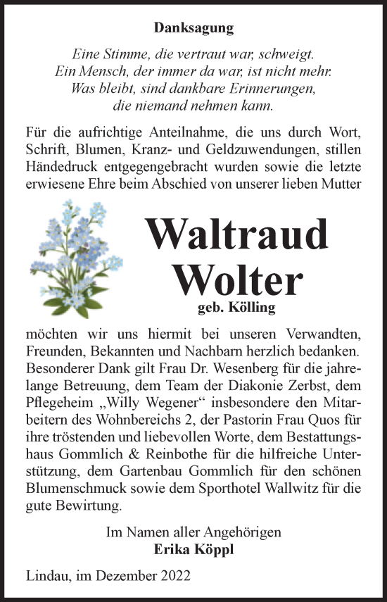 Traueranzeige von Waltraud Wolter von Mitteldeutsche Zeitung