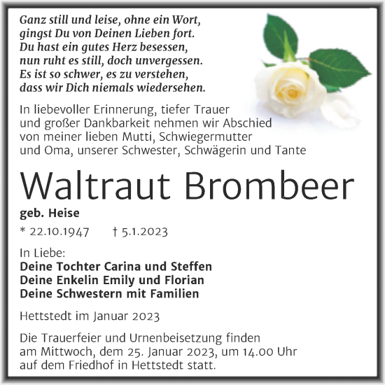 Traueranzeige von Waltraut Brombeer von Trauerkombi Mansfelder Land