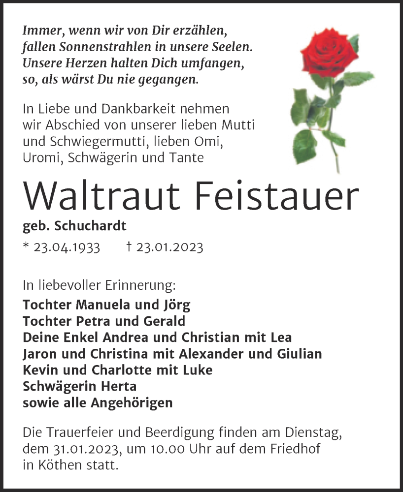  Traueranzeige für Waltraut Feistauer vom 26.01.2023 aus Trauerkombi Köthen