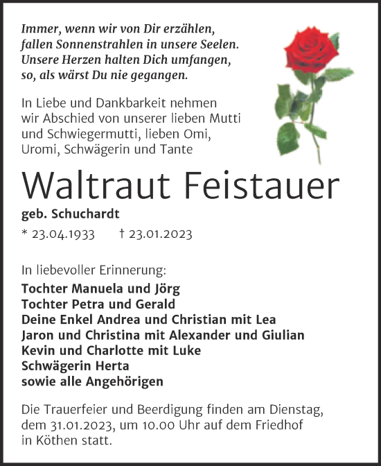 Traueranzeige von Waltraut Feistauer von Trauerkombi Köthen