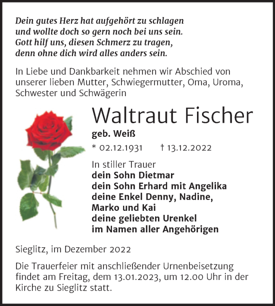 Traueranzeige von Waltraut Fischer von Wochenspiegel Naumburg/Nebra