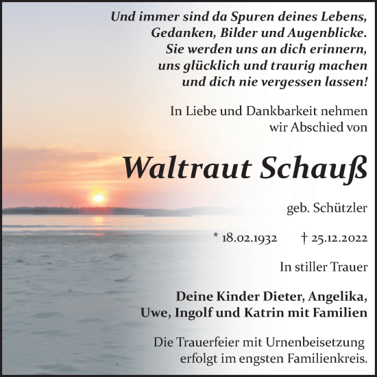 Traueranzeige von Waltraut Schauß von Trauerkombi Bitterfeld