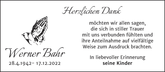 Traueranzeige von Werner Bahr von Trauerkombi Aschersleben