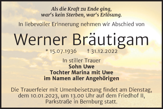 Traueranzeige von Werner Bräutigam von Trauerkombi Bernburg